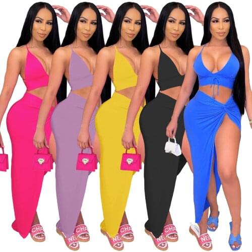 1L208 Summer Women Casual Fashion Sexy Solid Navel Irregular Split Two-piece Beach Swimsuit Hot