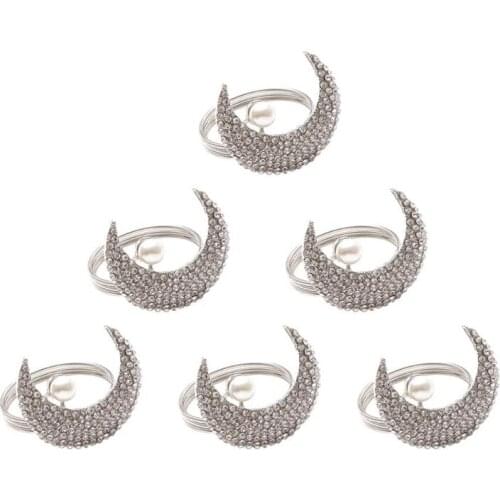 6 Pcs Napkin Ring Moon Decorative Elegant Napkin Holder Rhinestone Napkin Buckle for Wedding Banquet Holiday Party,Etc