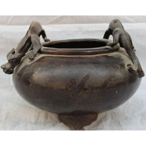 Fast shipping USPS to USA S1298 8" Chinese Bronze 2 Dragon Unicorn Beast Statue Jar Incense Burner Censer