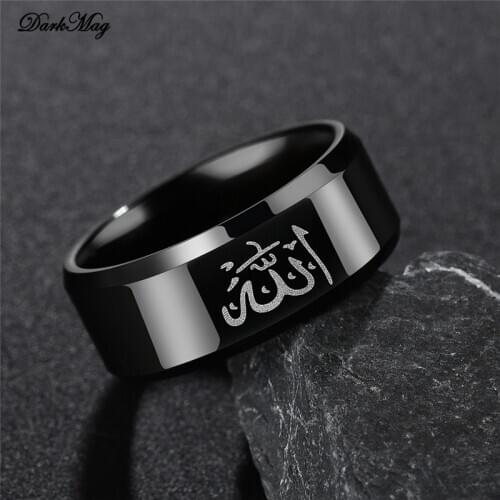 DarkMag Black Muslim Tattoo Ring Stainless Steel Wedding Bands Arabic Letter Ring Father Gift Fashion Men Jewelry Drop Shipping