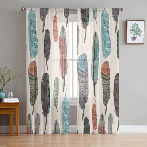 Colored Feather Indian Print Sheer Window Panel Curtains Room for Living Room Bedroom Kitchen Room Chiffon Tulle Curtains