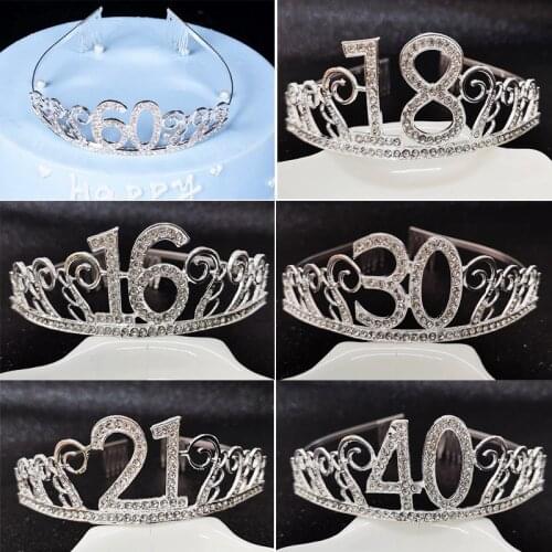 Birthday Princess Crown Headband Crystal Tiara Wedding Hairband Women Headwear Rhinestone Hair Accessories Number 18/30/40/50