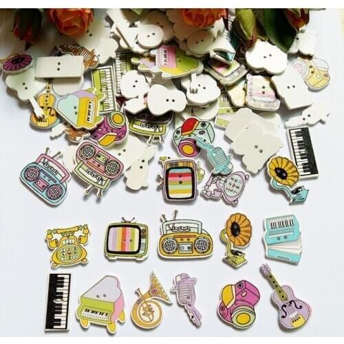 50pcs/lot Mixed 2 Holes Cartoon Lovely Musical Instruments Series Buttons Wood Sewing Buttons Scrapbooking