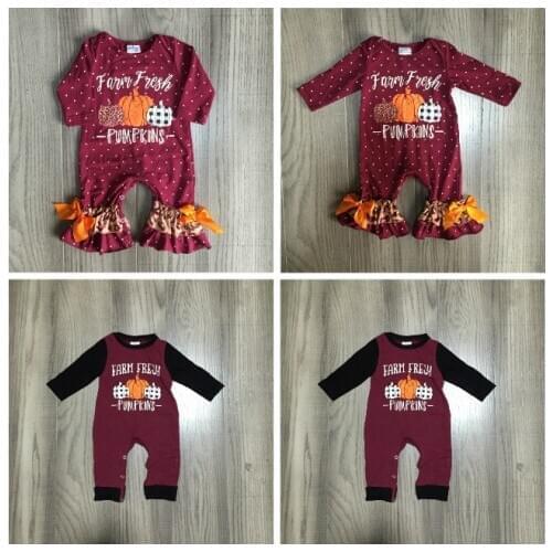 Thanksgiving Girlymax Baby Girls Boys Toddler Wine Farm Fresh Pumpkin clothing infant romper polka dot cotton romper ruffles