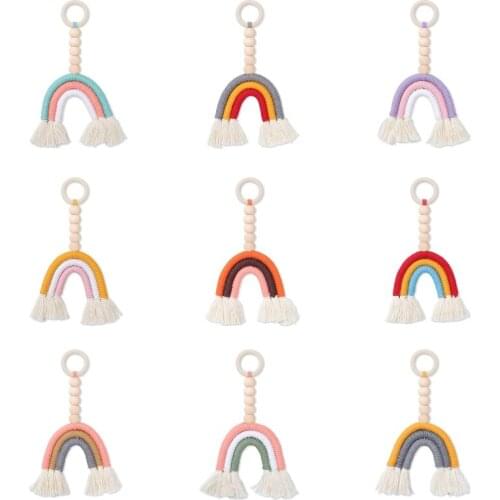 Baby Wooden Teething Ring Rainbow Tassel Macrame Nursing Teether Toy Shower Gift