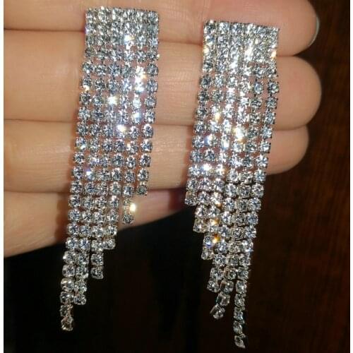 Long Tassel Full Rhinestone Statement Chain Earrings Silver Sparkling Waterfall Wedding Party Earring Women Crystal Jewelry