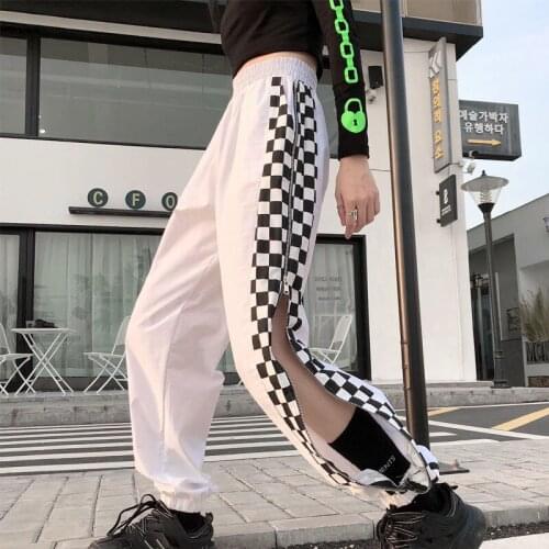 Plaid Joggers Pants Y2K Side Zipper Hip-hop Pants Harajuku Baggy Casual Pants woman 2020 New White Sweatpants Woman Sexy