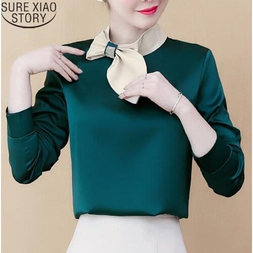 Elegant Bow Blouse Simulation Silk Long Sleeve Chiffon Blouse Spring New Satin Metal Buckled Temperament Women Shirt Blusas 8109