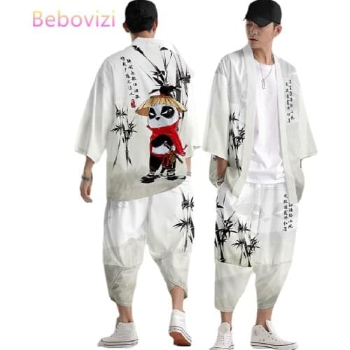 2021 Panda Print Chinese Style Robe Sets Fashion Japanese Kimono Beach Harajuku Men Women Cardigan Haori Asian Clothes Pant Suit
