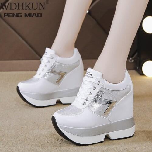 Fashion Womens High Platform Casual Shoes Height Increasi leathe Shoes 10 CM Thick Sole Trainers Lady Shoes White Sneakers