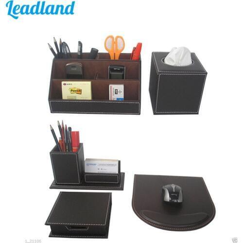 Kingfom 5 Pcs Modern Upscale Leather Office Supplies Sets, Stationery Storage Box, Mouse Pad, Card Holder Desk Sets Brown T50H