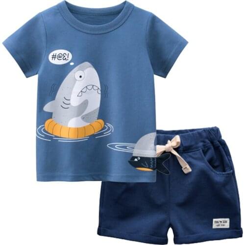 BINIDUCKLING Toddler Boys Summer Clothes Set Cute Shark Printed Cotton Short Sleeve Top Shorts Kids Boy Fashion Outfits Size 6 7
