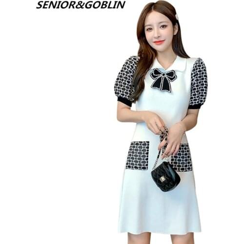 Summer Fashion Runway Knitted Patchwork Bow Dress Elegant Women Puff Sleeve Beading Bowknot Party Dresses Female Pocket Dress