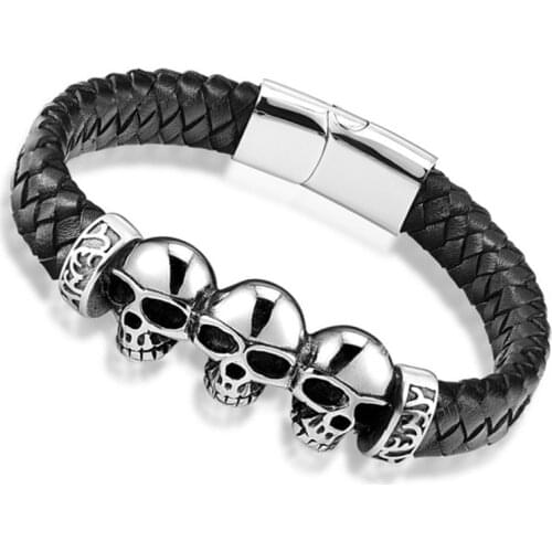 New Brand Bracelets 2019 Genuine Leather Stainless Steel Skeleton Bracelets & Bangles Male Bracelet Summer Gift Homens Pulseira