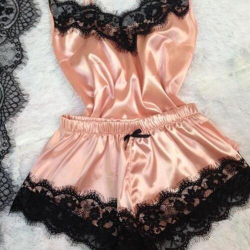 One Set Sexy Women Silky Velvet Lace Strap Vest Top Shorts Sleepwear Set