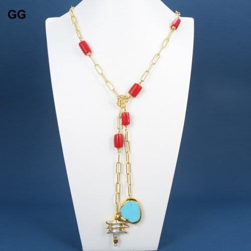GG Jewelry Natural Freshwater Cultured White Keshi Pearl Red Coral Sweater chain Necklace Handmade For Women