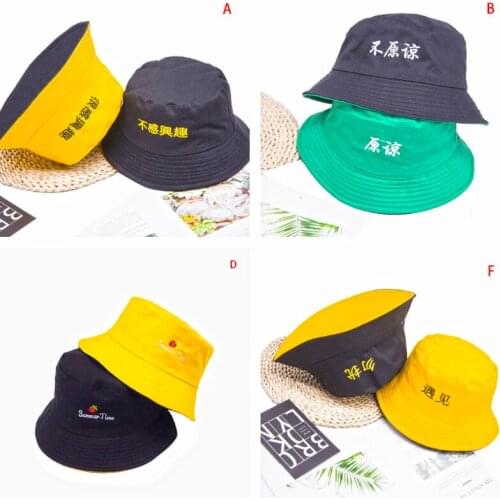 Chinese Letter Unisex Fashion Bucket Hat Panama Two Side Reversible Bucket Hat Yellow Beach Men Summer Caps