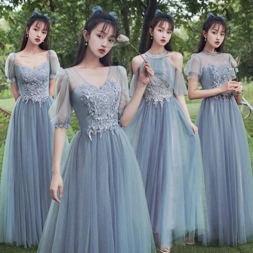 Bridesmaids Dresses Illusion O-Neck A-Line Lace Tulle Crystal Embroidery Vintage Off The Shoulder Women Wedding Party Gown E114