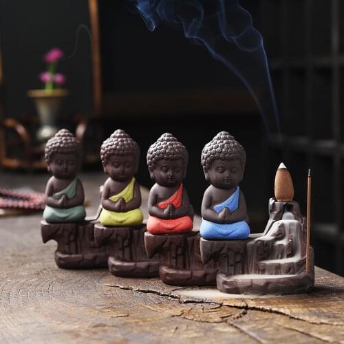 Handmade Purple Clay Little Monk Backflow Incense Burner Aromatherapy Censer Buddha Statue Lucky Feng Shui Ornaments +20 Incense