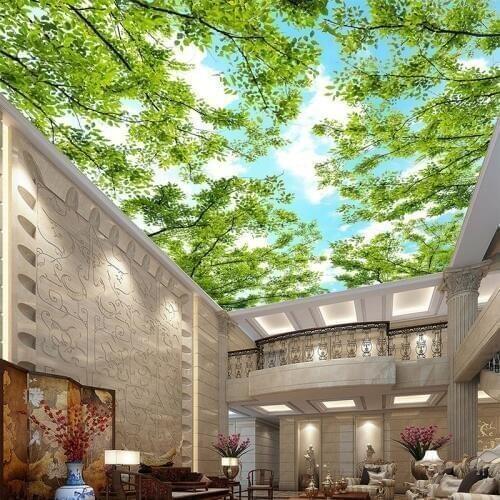 Blue Sky White Clouds Forest Green Leaf Self-adhesive Sticker Wall Painting Modern Living Room Bedroom Ceiling Decoration Mural