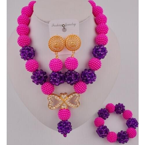 Stylish Fuchsia Pink and Purple Beads African Necklace Nigerian Wedding Costume Jewelry Set Women SP1-20