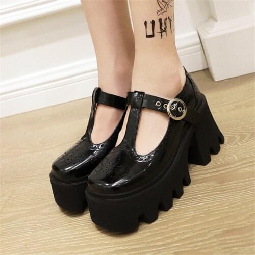 PXELENA British Vintage Women Chunky Platform High Heels T Tied Pumps Cosplay Punk Gothic Rock Shoes Plus Size 34-43 Fall Spring