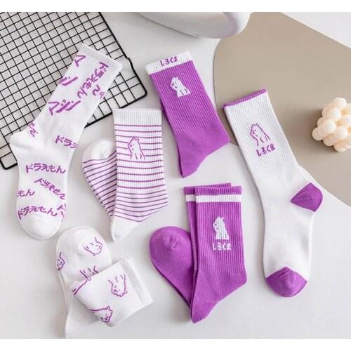 Spring summer womens cotton socks mid-waist fashion bear socks Japanese cute cartoon purple womens socks Harajuku college