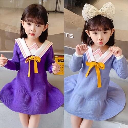 Baby Girl Knitted Dresses Autumn Winter Fashion Korean Lapel Princess Casual Dress 2-6 Years Cute Girls Simple Clothes