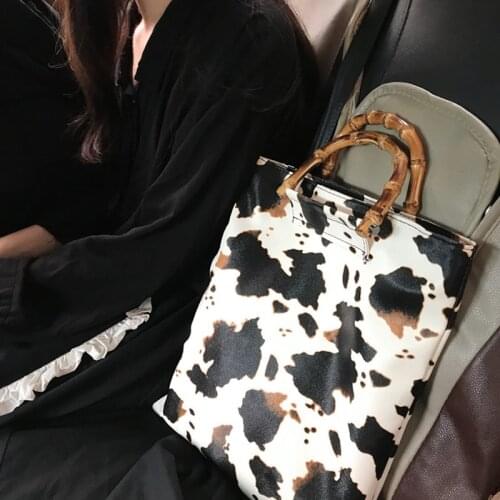 Women Bag Bamboo Handle Totes Shopping Top-Handle Bag pu Leather Female Handbag Bolsas Cow Dotted