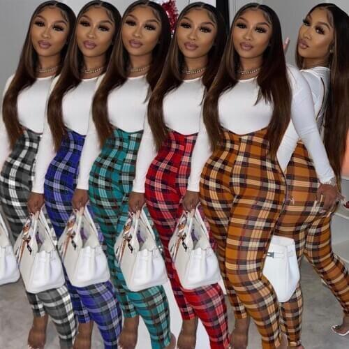 Streetwear Two Piece Set Women Plaid Overalls And Full Sleeve T Shirt Tops Autumn Tracksuit Club Outfits For Women Sweat Suits