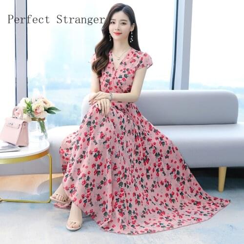 2021 Summer New Arrival Hot Sale V Collar Flower Printed Women Long Chiffon Dress M-4XL