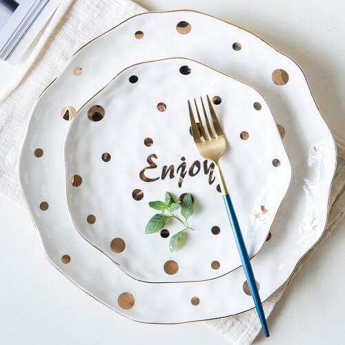 1pc Golden Design Dinner Plate Rice Bowl Ceramic Polka Dots Dinnerware Decorative Breakfast Dish Soup Bowl