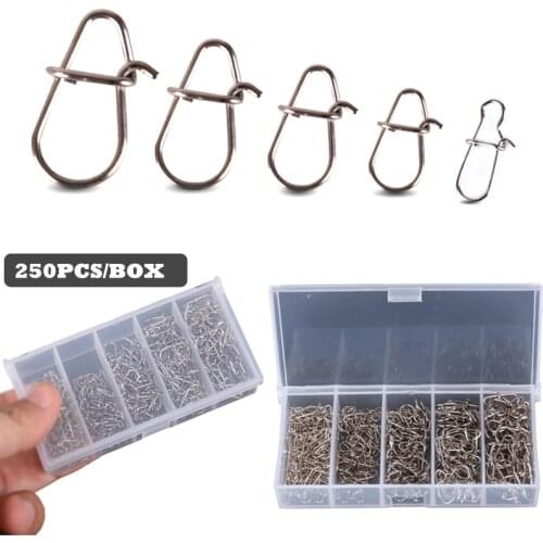 250pcs/box Stainless Steel Pin Hook Lock Snap Swivel Solid Rings Safety Snaps Fishing Hooks Connector Fishing Tackle Tool Pesca
