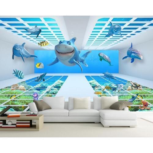 Custom 3D underwater world cartoon shark Dolphin wallpaper papel de parede,living room sofa TV wall children bedroom 3d murals