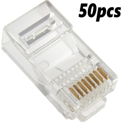50PCS RJ45 Ethernet Cables Module Plug Network Connector RJ-45 Crystal Heads Cat5 Transparent Cat5e Gold Plated Cable Office