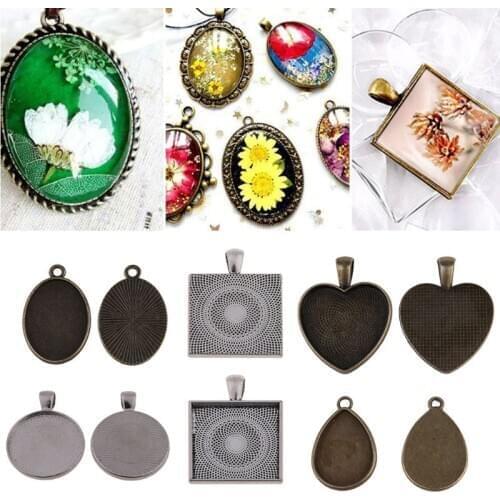 60Pcs Photo Bezel Pendant Trays Blanks Cameo Teardrop Round Square Heart Oval Glass Cabochon Settings Jewelry Making