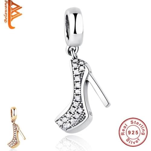 BELAWANG 925 Sterling Silver Jewelry CZ Crystal High-heeled Shoes Charm for Women Luxury DIY Making Birthday Gift