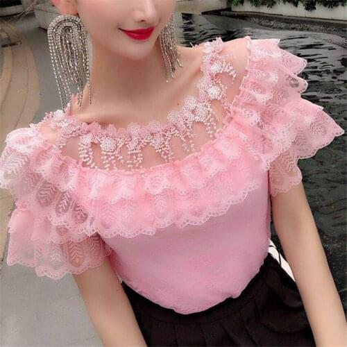 New Summer Sweety Girl Mesh Shirt Spring Short Sleeve Tassel Blousas Women Off Shoulder Lace Blouse Basic Tops Bottomings WZ1111