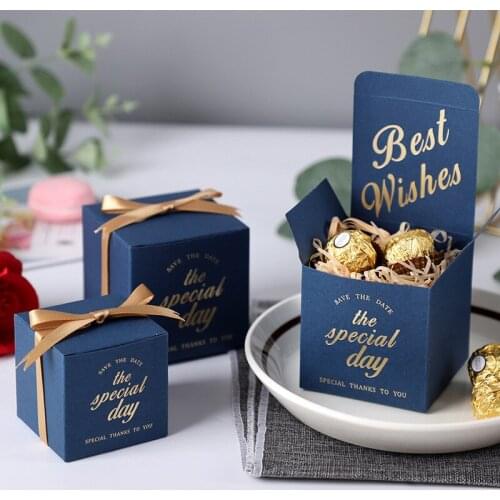 Bronzing Letter Gift Box With Ribbon Square Cube Small Candy Box Wedding Decoratio Party Favors Baby Shower Birthday Supplies
