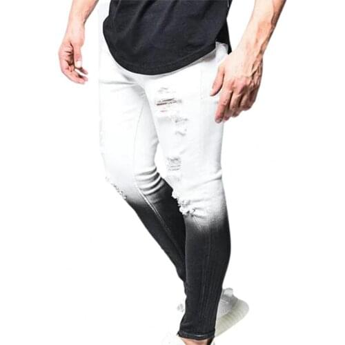 Men Ripped Hole Denim Pants Stylish Gradient Color Trousers Zipper Cuff Multi Pockets Skinny Jeans Streetwear pantalon homme