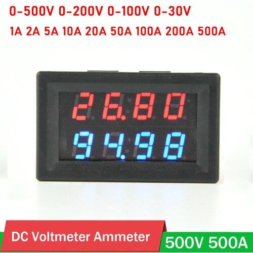 4Bit LED Digital Voltmeter Ammeter DC 500V 200V 100V 1A 5A 10A 50A 100A 200A 500A Dual Display Voltage Current METER 5V 12V