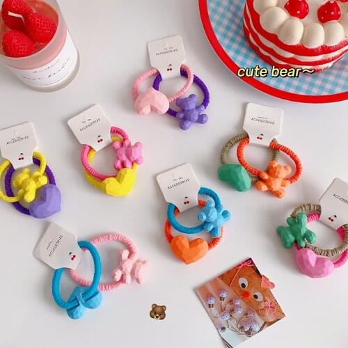 2 Pcs Cute Bear Love Scrunchies Women Girls Elastic Hair Rubber Bands Accessories Tie Hair Rope Ring Headdress Ponytail Holder