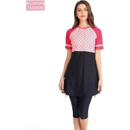 Muslim Swimwear Short sleeve Sport Swimsuit Islamic muslimah Burkinis Wear Bathing Suit Women Modest Patchwork Hijab