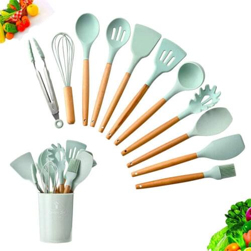 12PCS Silicone Cooking Utensils Set Non-stick Spatula Shovel Wooden Handle Cooking Tools Set With Storage Box Kitchen Tools