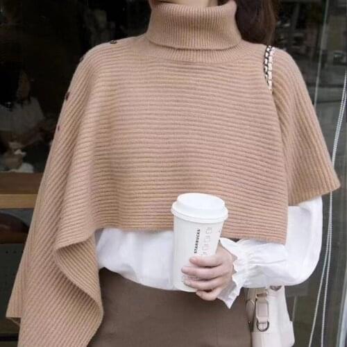 Autumn Winter Solid High Neck Pullover Knitted Sweater Women Shawl Cloak Top Sweater Women Elegant Warm Gentle Fashion Top 16061