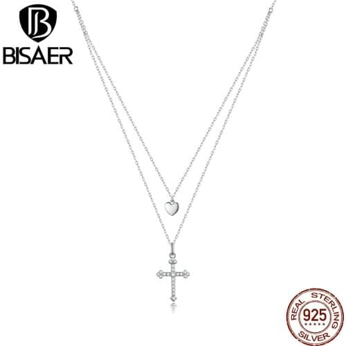 BISAER Key with Vine Necklace 925 Sterling Silver Bright Zircon Chain Link For Female Jewelry 45cm Adjustable Necklace EFN197
