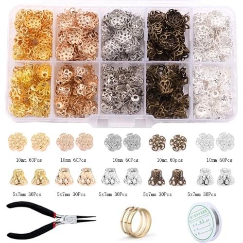 Approx 400Pcs DIY Jewelry Findings Set Jewelry Making Tools Silver Color Hollow Flower Bead Caps Jewelry Making Supplies Kit