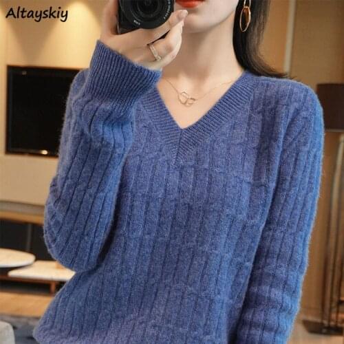 Pullovers Women V-neck Simple Elegant Female Office Casual Long Sleeve Warm Knitted Various Colors Basic Soft Ladies Vintage Ins