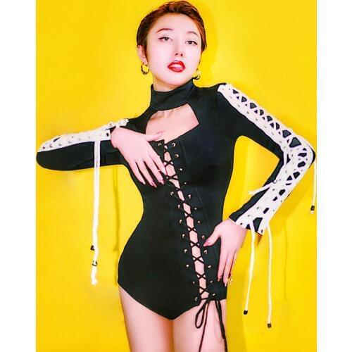 Sexy Nightclub Bodysuit Dj Female Singer Performance Clothing Jazz Pole Dance Rave Black Openwork Strap Bar Ds Costume DNV10039