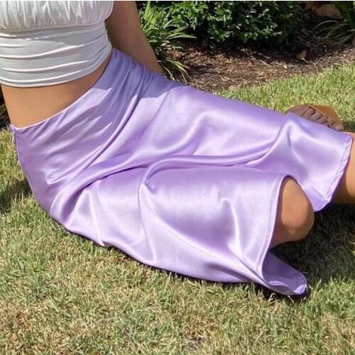 SKMY 2021 New Style Skirt Summer Satin Light Purple Solid Color Mid-Length High Waist Bodycon A-Line Skirt Harajuku Fashion